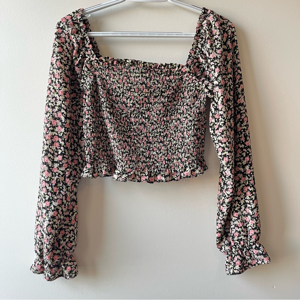 Smocked cropped floral top